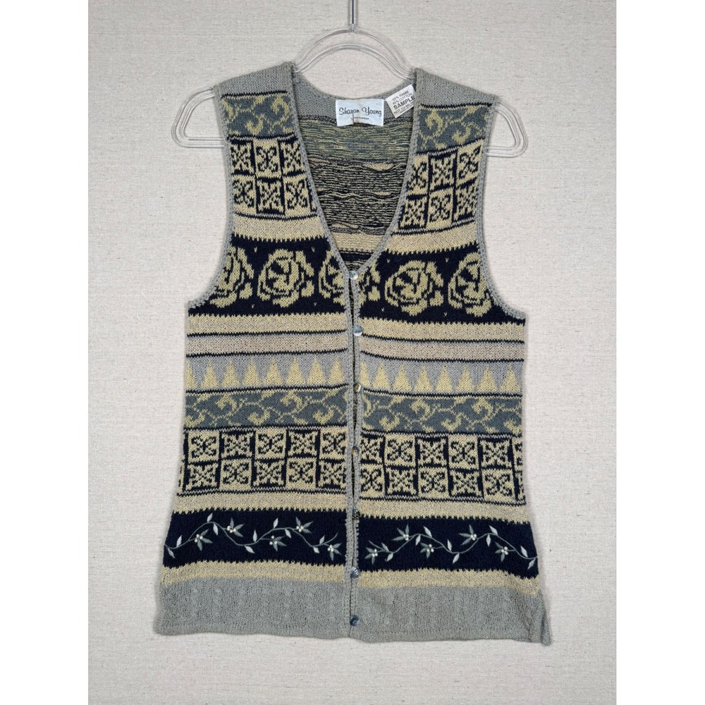 Sharon Young Sportswear Floral Fair Isle Knit Sweater Vest Gray Navy Tan Sample